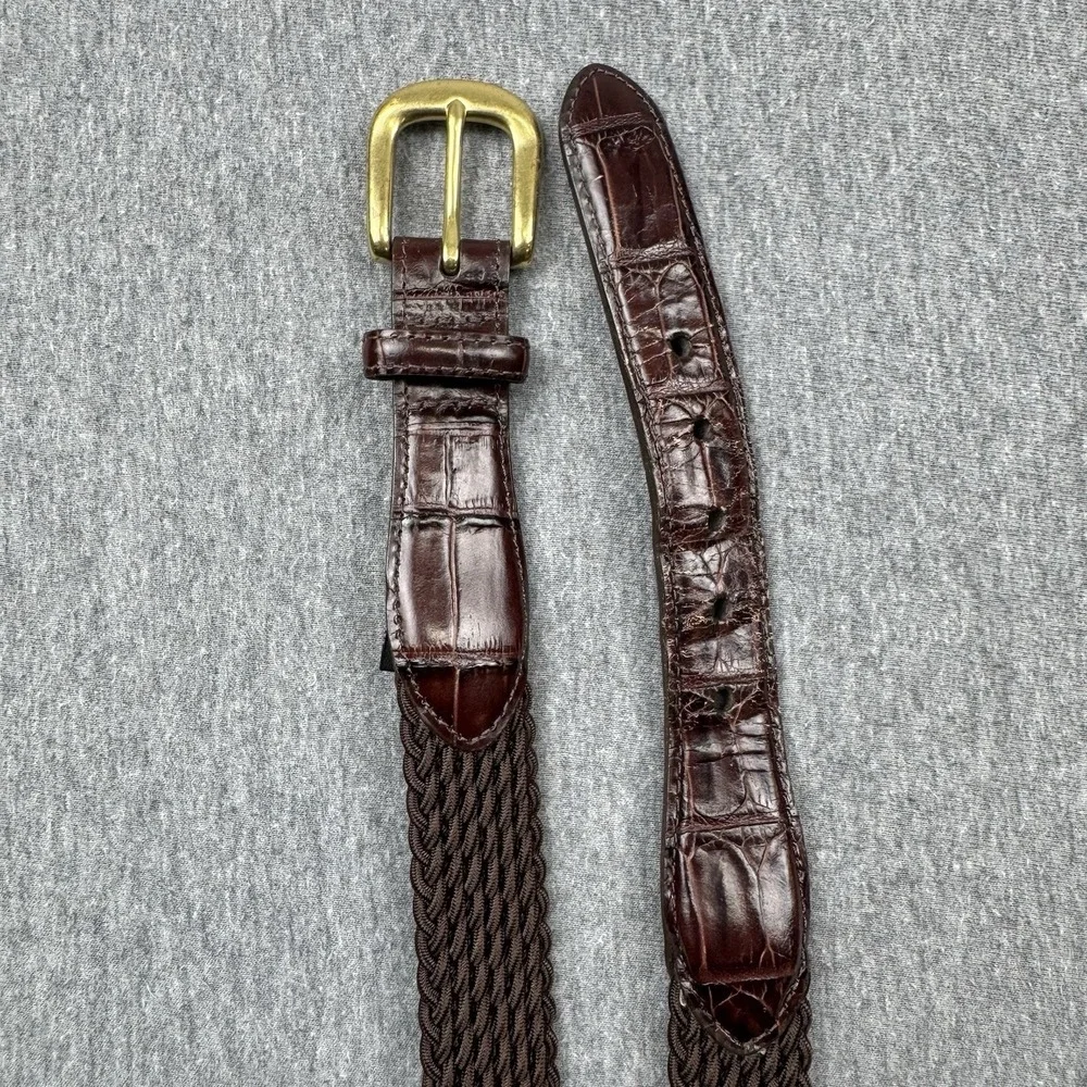 Brighton 33508 Belt Size‎ 38 Woven Stretch Brown Leather Croc Trim Brass Buckle